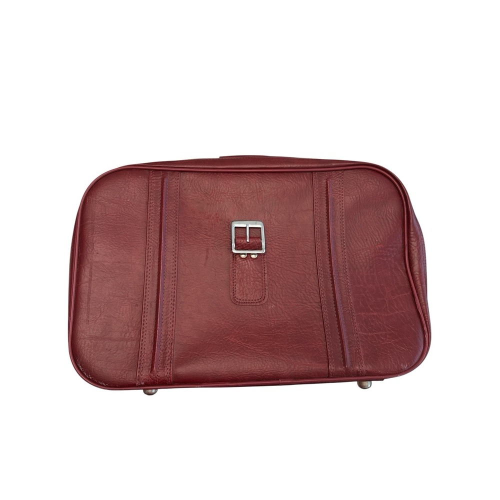 Vintage World Traveler Burgundy Faux Red Leather Luggage Bag Mid Cent Decor Prop